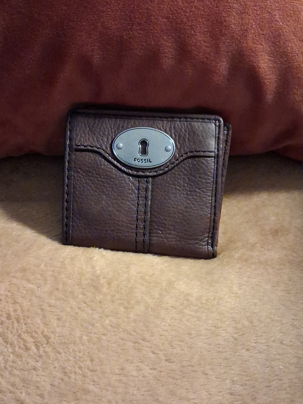 Fossil Dark Brown Leather Bifold Wallet with Metal Keyhole Plate